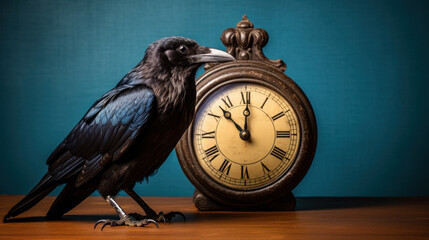 black raven and clock. hour of death