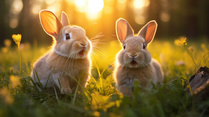 bunnies on grass at sunset