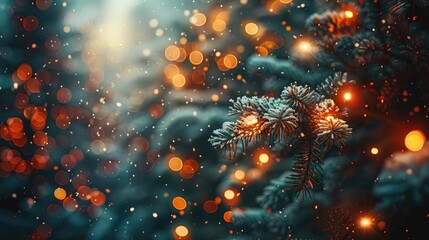 Close-up of a pine branch with frosted tips against a backdrop of warm bokeh lights, evoking a cozy, festive atmosphere. Generative AI - obrazy, fototapety, plakaty