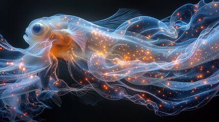 A digital artwork of a fish with a luminous, translucent body with glowing spots against a dark backdrop. Generative AI