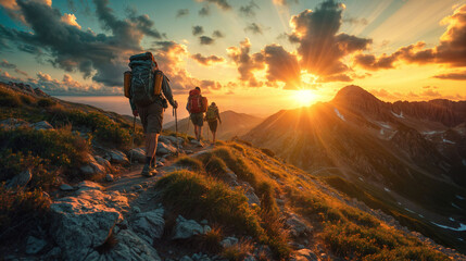 Exploring mountains during the summer, adventurous individuals embark on journeys, embracing the thrill of trekking as a group. As the sun sets, hikers, both men and women, traverse the rugged terrain - obrazy, fototapety, plakaty