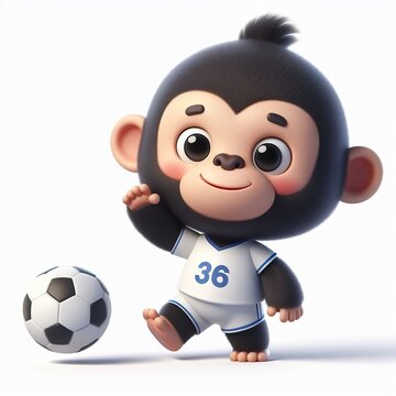 Cute character 3D image of a cute gorilla with simple football clothes playing a ball, funny, happy, smile, white background
