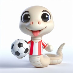 Cute character 3D image of a snake with simple football clothes playing a ball, funny, happy, smile, white background