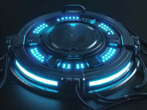 A futuristic high tech pedestal with blue neon lights, holographic UFO stand for copyspace, glowing in dark place, AI Generated. - Powered by Adobe