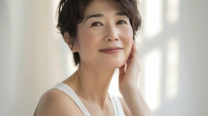 部屋で肌に触れる中年女性　美容イメージ　AI