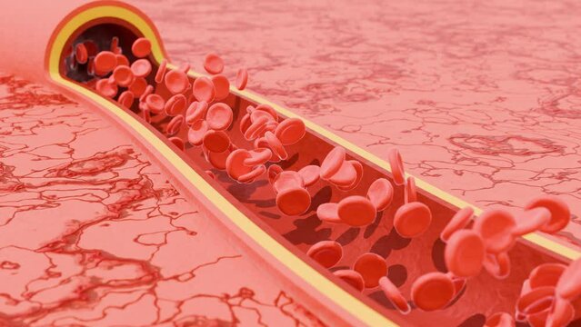 Red blood cells flowing in a cross section of an artery above a capillary bed. 3d animation