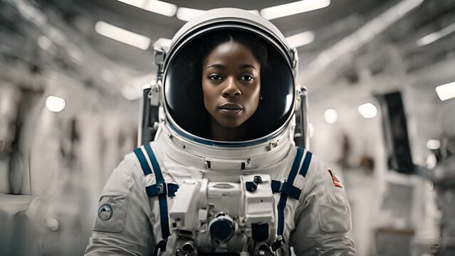 A woman astronaut with a dark complexion, wearing a space suit.