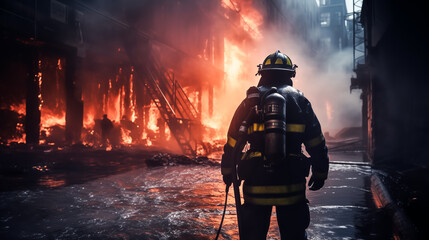 Back view of brave firefighter is spraying water on the raging flames in the city with a hose, Firefighters team battle a fire