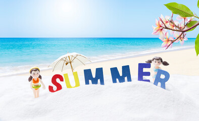Summer holiday background idea, colour summer sign with miniature girl on tropical beach background, outdoor day light