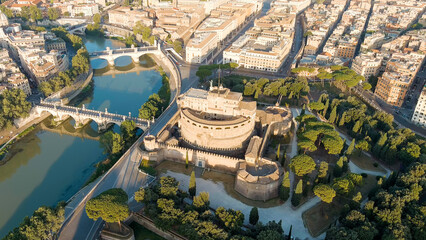 Rome, Italy. Tiber River. Castel Sant Angelo. Morning hours, Aerial View