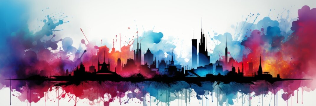 Vibrant cityscape with watercolor accents, featuring an abstract urban skyline with diverse architectural elements, capturing the energy of a bustling metropolis. Panoramic Composition. - Powered by Adobe