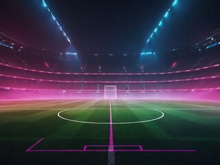 textured soccer game field with neon fog center, midfield, 3D Illustration