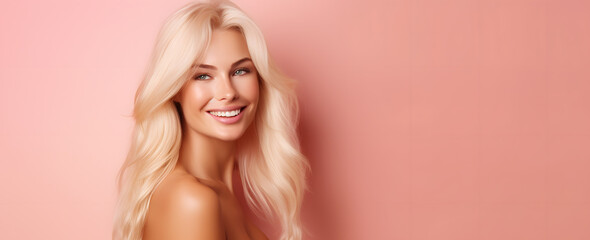 portrait of a blonde beautiful woman on a pink background abstract	