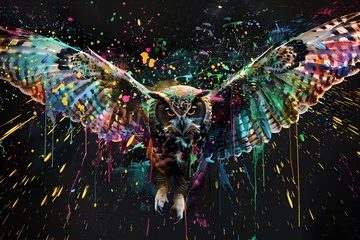 Rolgordijnen an owl with colorful paint splattered all over it's body and wings, on a black background with multicolored drops of paint splatters. © john