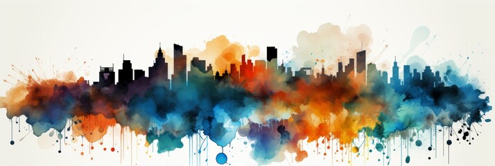 Abstract watercolor cityscape with bold, vibrant colors in a whimsical, childlike style. Adds creativity and charm to any space, sparking imagination. Panoramic Composition.