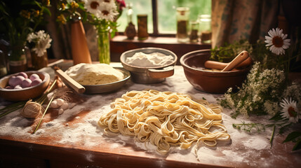 Homemade raw noodles. Ingredients to delicious. Handmade noodles and ingredients	