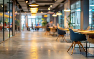 Blurred view of a business office space with desks and computers - office life, work environment, corporate workplace.