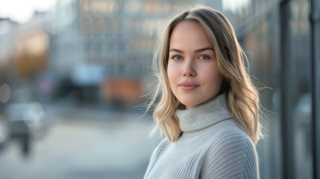 Portrait of a blonde woman with blue eyes wearing a casual sweater on an autumn day in Finland