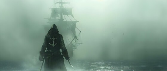 Mysterious Captain Navigates Misty Seas. Concept Adventure, Sea Exploration, Mystery, Captain, Nautical Theme