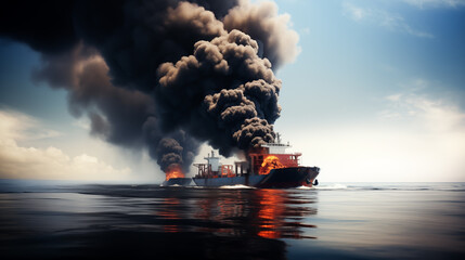 Cargo ship releases thick black smoke into the sky against the backdrop of a stunning ocean	 - obrazy, fototapety, plakaty