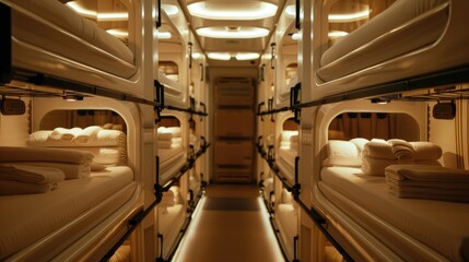 Bright Bunk Pod Interior. A neatly organized bunk pod cabin, with clean white bedding and well-lit interior, offers a simple yet comfortable shared sleeping space - obrazy, fototapety, plakaty