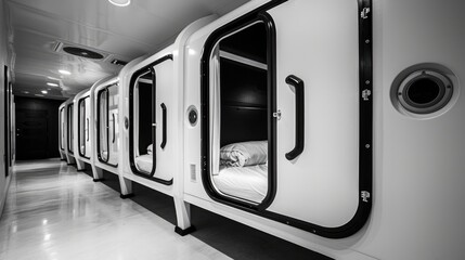 Modern Capsule Hotel Interior. The inside view of a modern capsule hotel with a symmetrical arrangement of cozy sleeping pods illuminated by soft lighting - obrazy, fototapety, plakaty