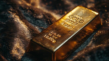 Close-up of single gold bar on luxurious shimmering fabric, concept of wealth and investment in precious metals