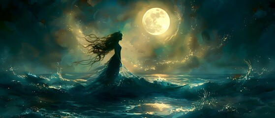 Obraz na płótnie Canvas Moonlit Sea Enchantress in Watercolor Waves. Concept Seascape Painting, Moonlight Reflections, Watercolor Art, Enchantress Portrait, Marine Fantasy