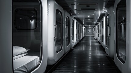 Sleek Capsule Hotel Design. The sleek black-and-white interior of a capsule hotel corridor, featuring futuristic capsule rooms for a modern, space-efficient accommodation experience