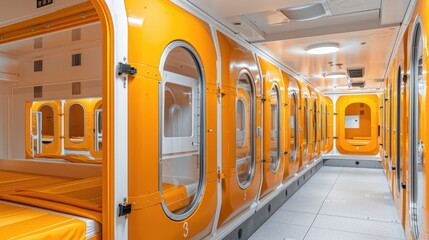 Modern Capsule Hotel Interior. The inside view of a modern capsule hotel with a symmetrical arrangement of cozy sleeping pods illuminated by soft lighting