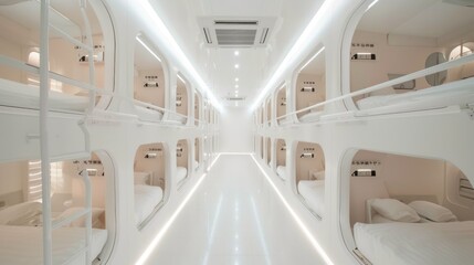 Modern Capsule Hotel Interior. The inside view of a modern capsule hotel with a symmetrical arrangement of cozy sleeping pods illuminated by soft lighting