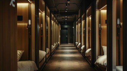 Modern Capsule Hotel Interior. The inside view of a modern capsule hotel with a symmetrical...