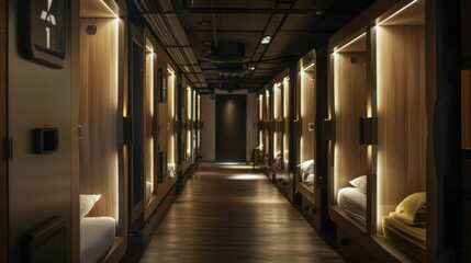 Warmly Lit Capsule Hotel Hall. The hall of a capsule hotel with a warm ambiance created by soft lighting around each pod, inviting travelers into a cozy, modern sleeping experience