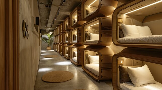 Warmly Lit Capsule Hotel Hall. The hall of a capsule hotel with a warm ambiance created by soft lighting around each pod, inviting travelers into a cozy, modern sleeping experience