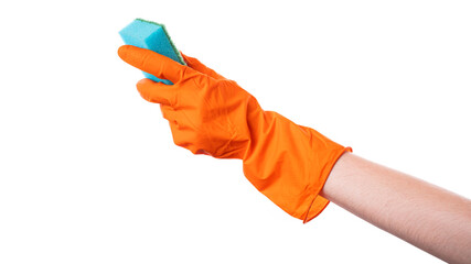 Hand in Orange Gloves Holding Blue Sponge