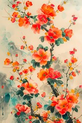 Korean and Asian garden  painting, art work of floral 