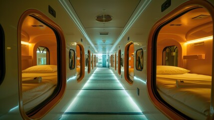 Modern Capsule Hotel Interior. The inside view of a modern capsule hotel with a symmetrical arrangement of cozy sleeping pods illuminated by soft lighting
