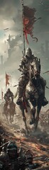 A battle scene blending the old with the new where knights ride robotic steeds