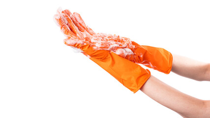 Pair of Orange Gloves on Persons Arm