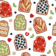Breakfast sandwiches with different sweet toppings seamless pattern. Beautiful trendy background for packaging, fabric, wallpaper.