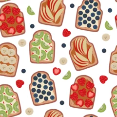 Fotobehang Breakfast sandwiches with different sweet toppings seamless pattern. Beautiful trendy background for packaging, fabric, wallpaper. © OlivaGreen