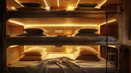 Obraz na płótnie Canvas Modern Capsule Hotel Interior. The inside view of a modern capsule hotel with a symmetrical arrangement of cozy sleeping pods illuminated by soft lighting