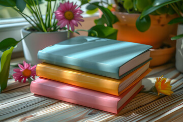 Stack of colorful pastel notebooks on wooden table. Concept of writing practices.