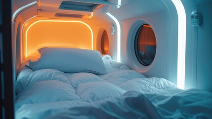 Fototapeta premium Capsule Hotel Room. A minimalist capsule hotel room with pillows, designed for efficient space usage and modern, simplistic living. Capsule hotel interior