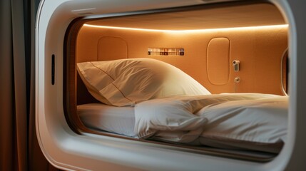 Capsule Hotel Room. A minimalist capsule hotel room with pillows, designed for efficient space usage and modern, simplistic living. Capsule hotel interior