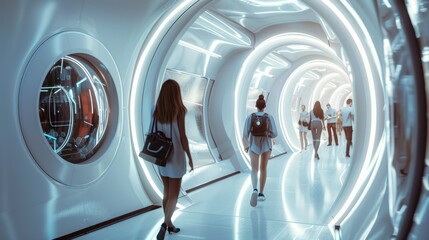 An ultramodern capsule hotel corridor glows with lights, offering cozy, high-tech pods for a unique lodging experience. Design merges functionality with style, privacy and comfort in a compact space