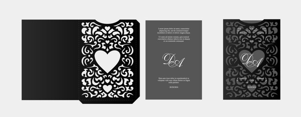 Template for laser cutting wedding invitations with heart. Prefabricated design - obrazy, fototapety, plakaty