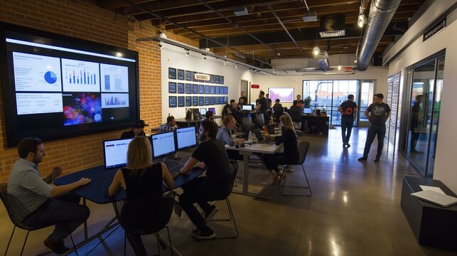 A group of people are sitting at tables in a room with a large screen on the wall. The room is filled with people working on their computers and the atmosphere seems to be focused and productive