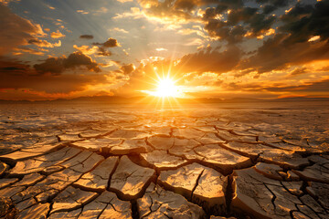 Dramatic sunset over cracked desert terrain, with radiant sunbeams piercing through clouds, casting...