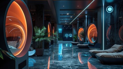 An ultramodern capsule hotel corridor glows with lights, offering cozy, high-tech pods for a unique lodging experience. Design merges functionality with style, privacy and comfort in a compact space - obrazy, fototapety, plakaty